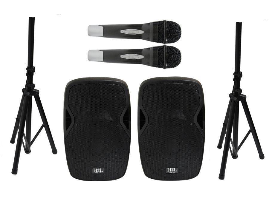 SPAH-157SC  Paquete de 2 Bafles de 15" 2 Stand 2 Micrófonos HIGH LINE