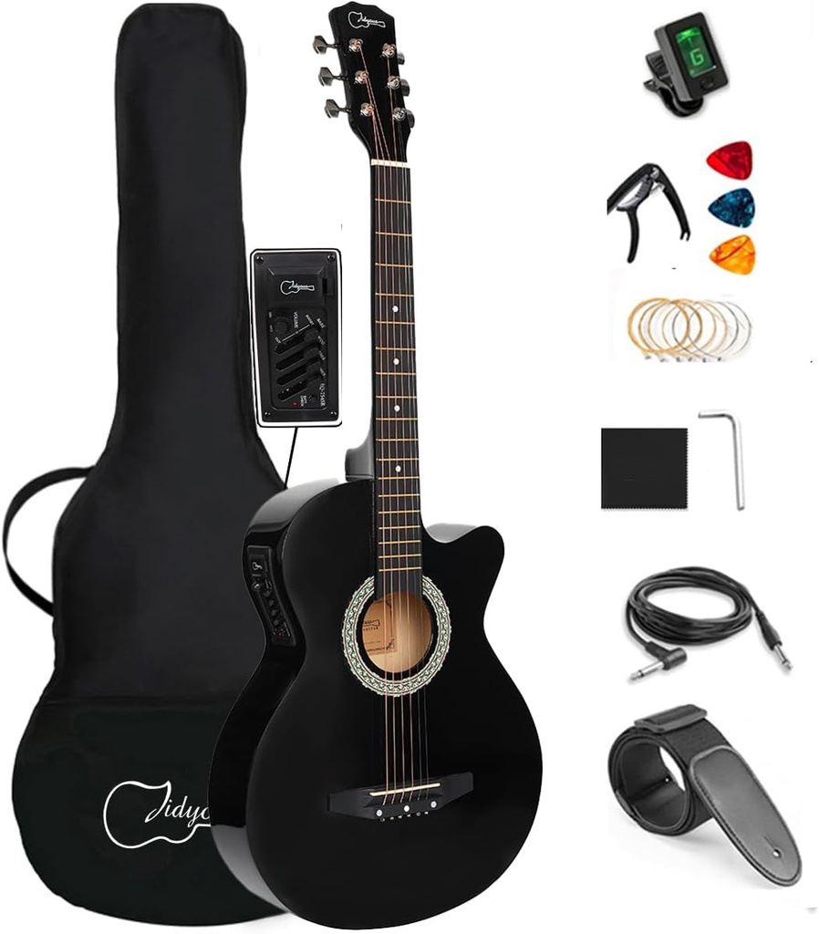 Paquete Guitarra Acustica Negra  Con Funda y Accesorios